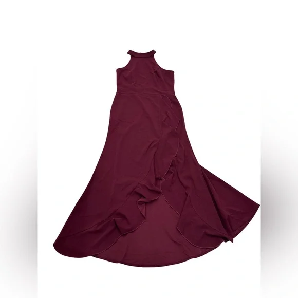 High Neck Sleeveless Burgundy Ruffle Hem Maxi Gown Size L - Picture 5 of 9